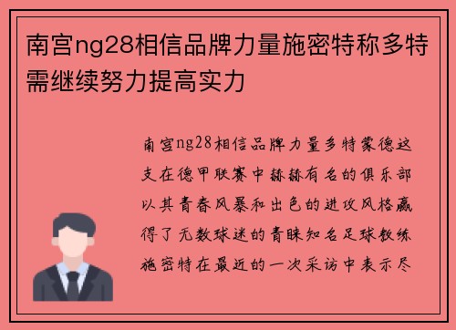 南宫ng28相信品牌力量施密特称多特需继续努力提高实力