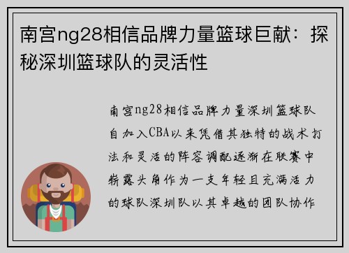 南宫ng28相信品牌力量篮球巨献：探秘深圳篮球队的灵活性