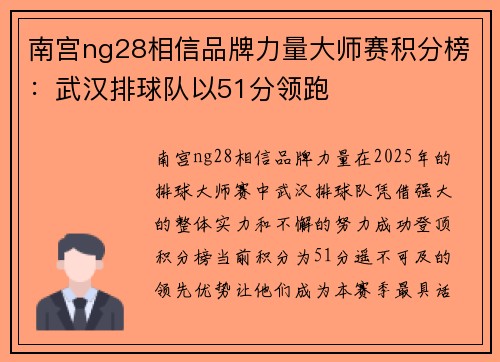 南宫ng28相信品牌力量大师赛积分榜：武汉排球队以51分领跑